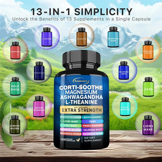 Supplement bottle labeled 'Corti-Soothe' with various other supplements in bubbles on a scenic background