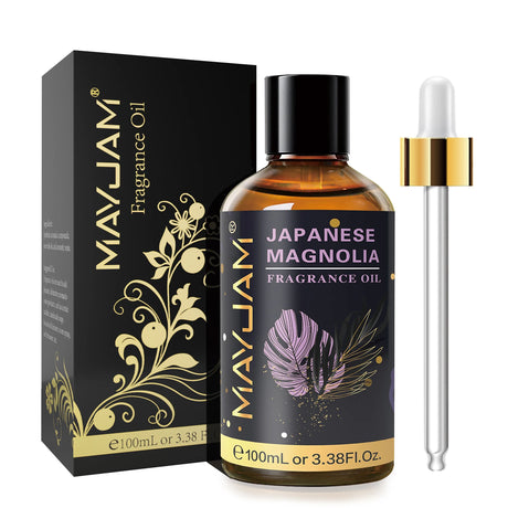 MayJam Japanese Magnolia fragrance oil bottle with packaging and dropper on a white background
