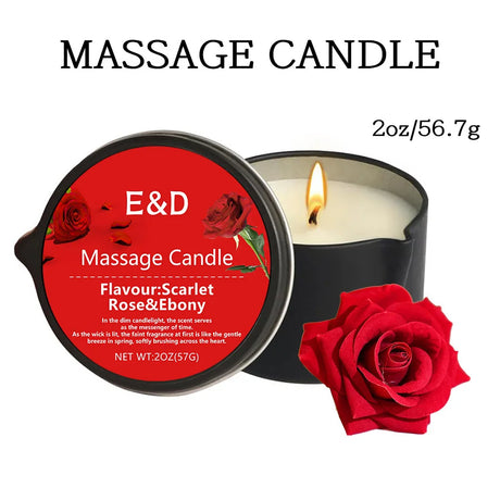 Massage candle with red rose design and 'E&D' branding on a white background
