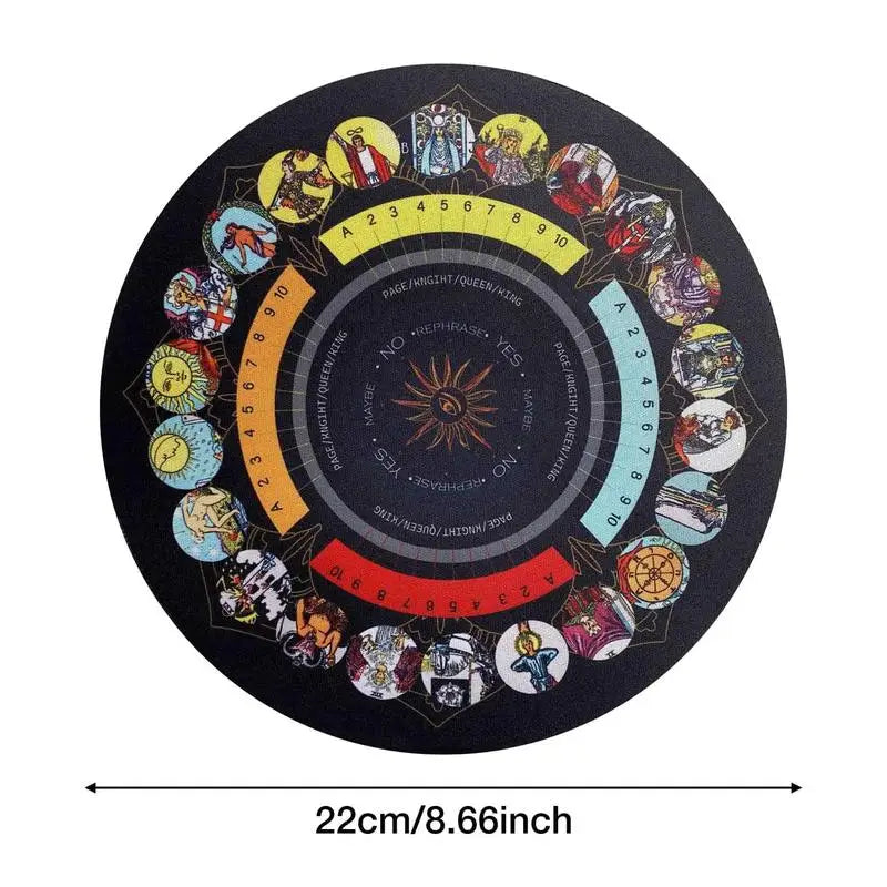 Round product with colorful design and text, size indicated as 22cm/8.66inch.