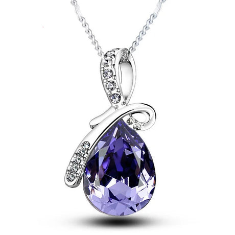 Purple teardrop pendant necklace with silver chain on a white background, branded 'Giemi'.