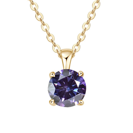 Gold necklace with a purple gemstone pendant on a white background