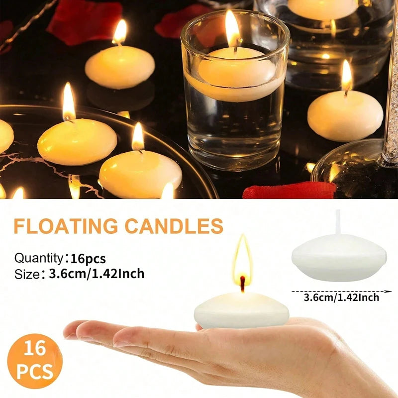 Floating candles with a hand holding one, labeled as 16 pcs with size 3.6cm/1.42inch.