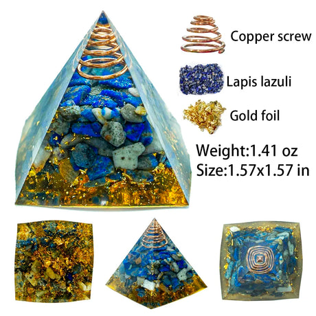 Pyramid-shaped crystal with lapis lazuli, gold foil, and copper screw components on a white background.