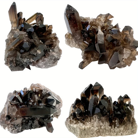 Four crystal formations on a white background