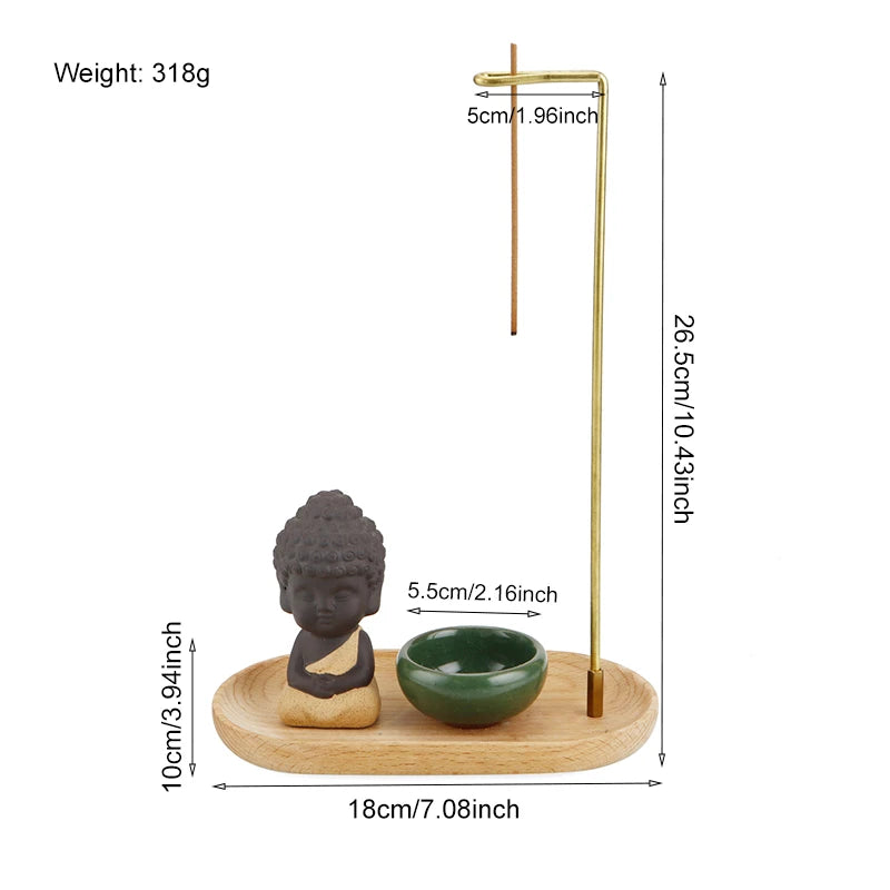 Decorative items including a Buddha statue, small bowl, and incense holder with measurements on a white background.