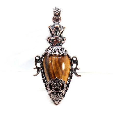 Pendant with tiger's eye stone and ornate silver design on a white background
