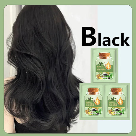 Hair product packaging with black hair and 'Black' text on a light green background