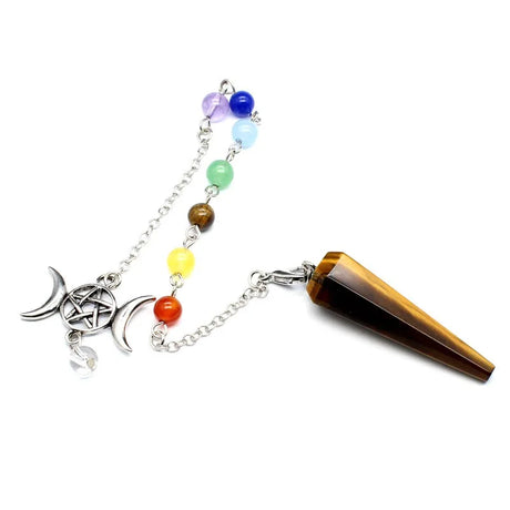 Crystal pendulum with rainbow beads and a tiger eye crystal on a white background
