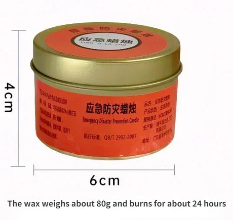 Red emergency disaster prevention candle with gold lid and dimensions on a white background