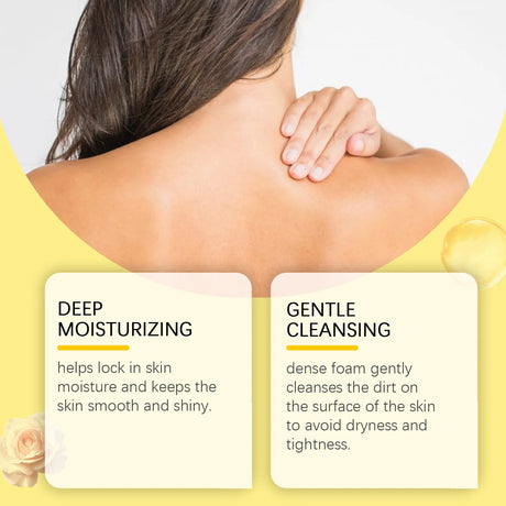 Woman with a yellow shirt and text about deep moisturizing and gentle cleansing.