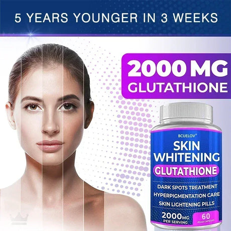 Skin whitening glutathione supplement with a woman's face showing before and after effects on a blue and purple gradient background.