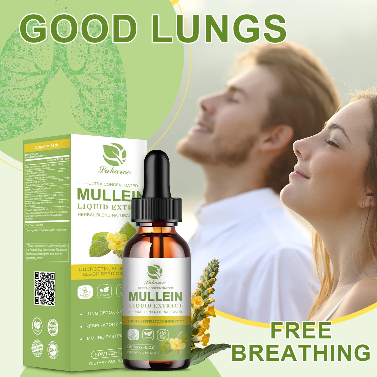 Mullein liquid extract bottle and packaging with a couple breathing freely in the background