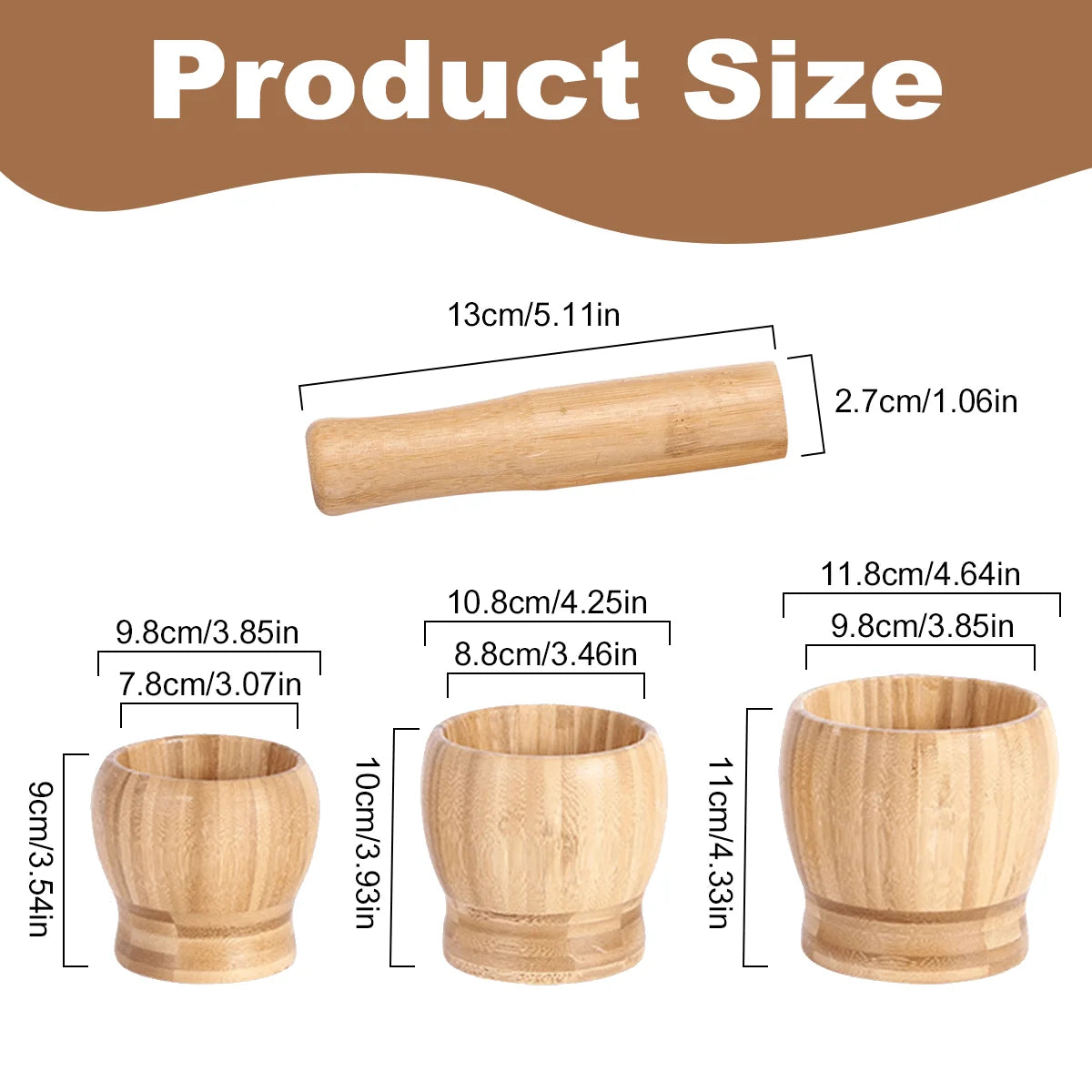 Dimensions of wooden cups and a wooden handle on a white background with 'Product Size' text at the top.