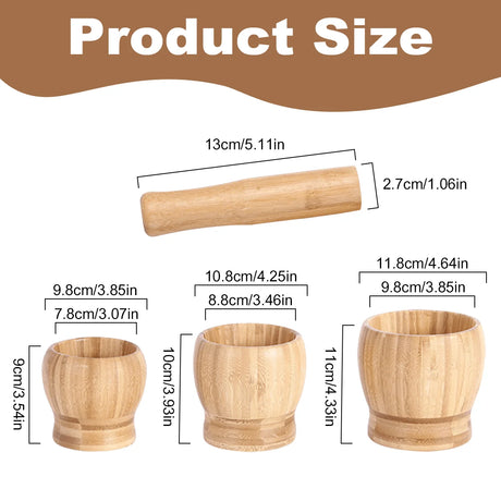 Dimensions of wooden cups and a wooden handle on a white background with 'Product Size' text at the top.