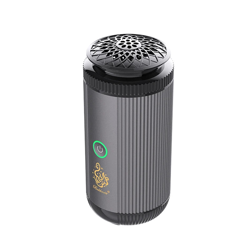 Gray cylindrical device with textured top and visible branding on a white background