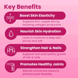 Key benefits of a skincare product on a pink background