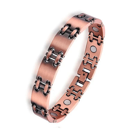 Rose gold bracelet with metal links on a white background
