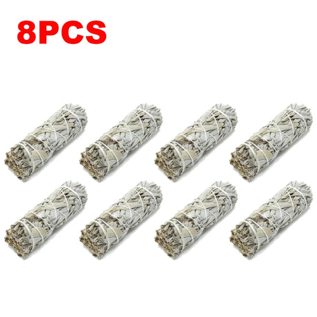 Eight bundles of white sage smudge sticks on a white background with '8PCS' in red text above.