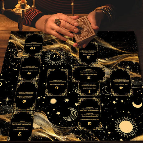 Person holding a tarot card above a deck of tarot cards with star and moon designs.