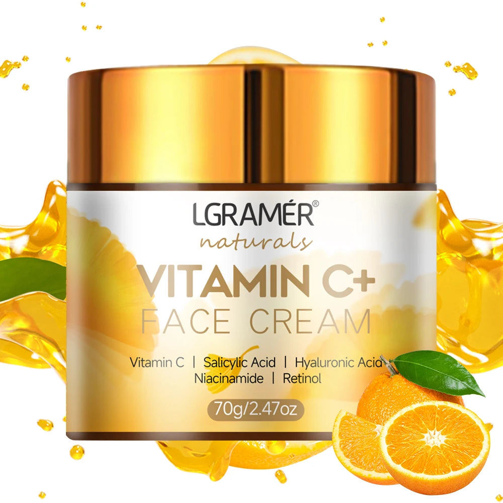 LGRßer Vitamin C+ Face Cream jar with oranges and leaves on a white background