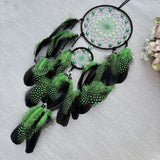 Black and green dreamcatcher with feathers on a light gray background
