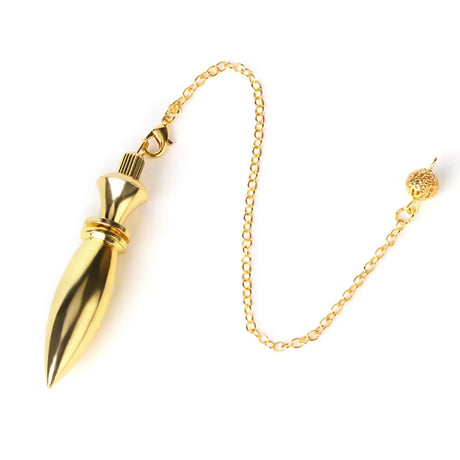 Gold dagger-shaped pendant with chain on a white background