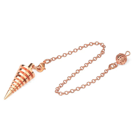 Rose gold spiral pendant on a chain against a white background