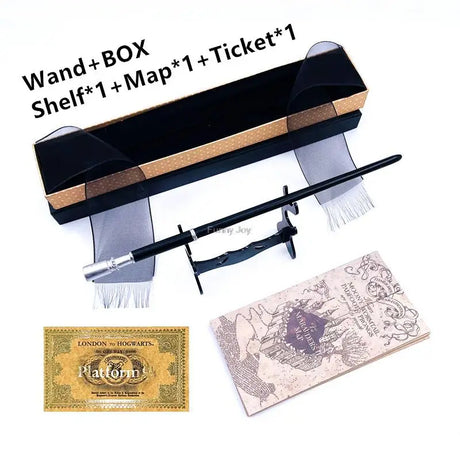 Harry Potter-themed wand set with box, shelf, map, and ticket on a white background
