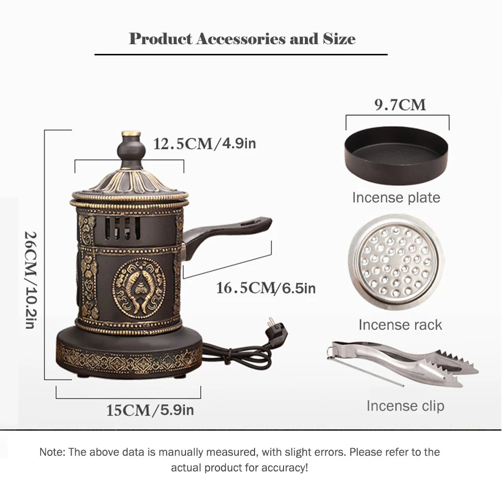 Product accessories and size details with dimensions and illustrations on a white background