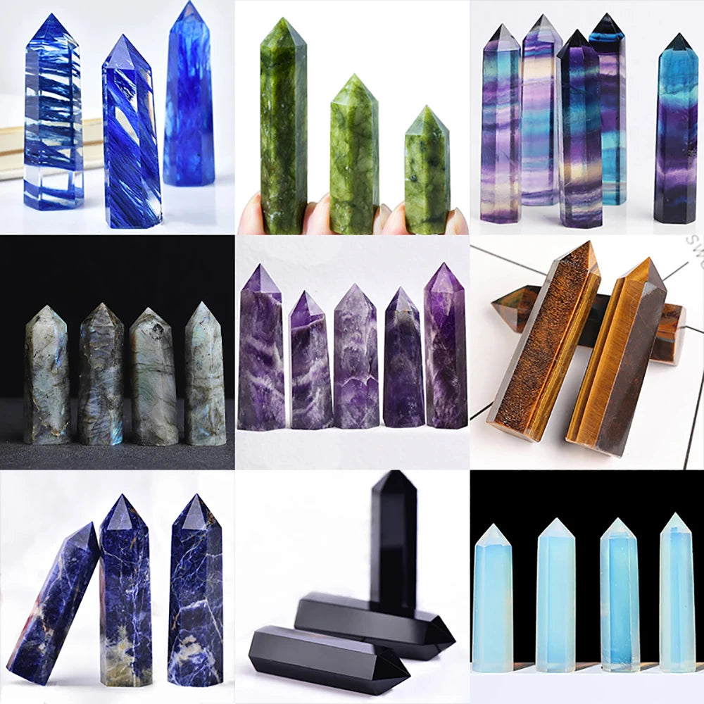 Collage of various crystal wands in different colors and designs.