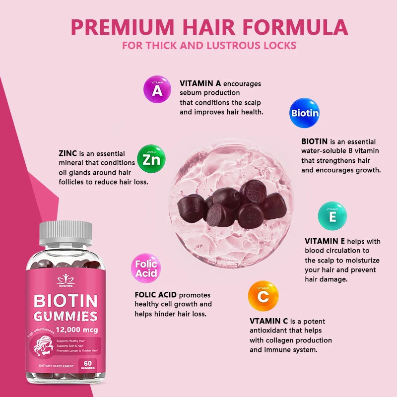 Biotin gummies supplement with vitamins and minerals for hair health on a pink background