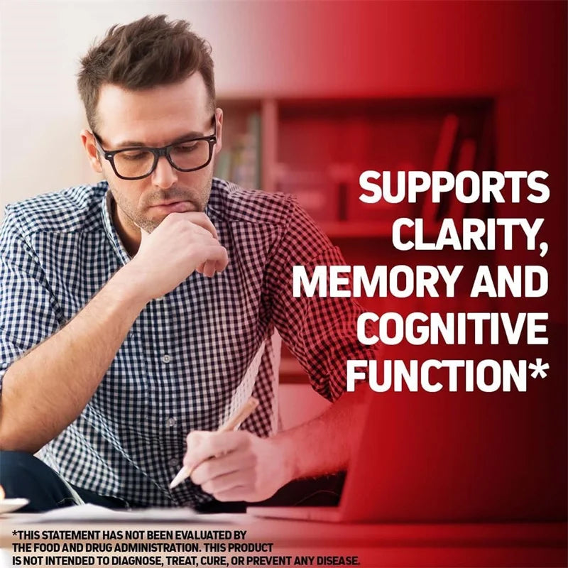 Man sitting at a desk with text about supporting clarity, memory, and cognitive function.