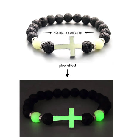 Glowing bracelet with black beads and cross charm on a white background