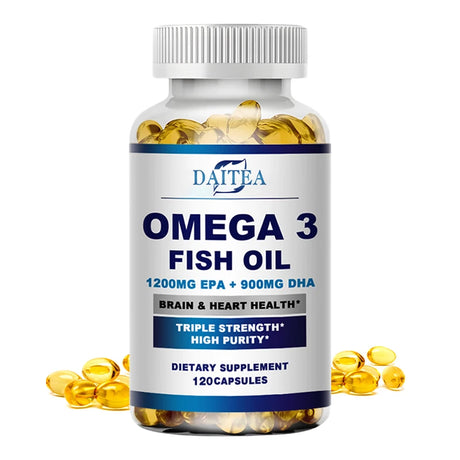 Bottle of Daitea Omega 3 Fish Oil with capsules on a white background