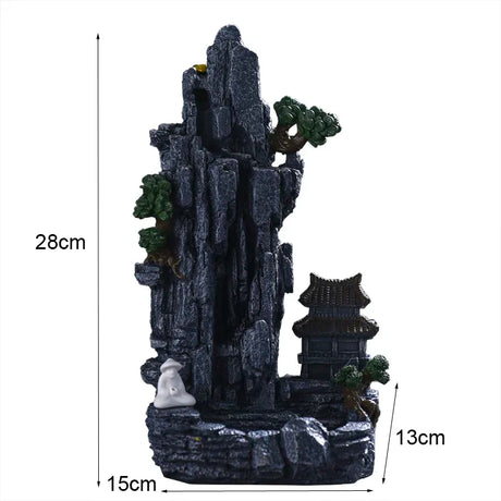 Decorative rock formation with a pagoda and measurements on a white background