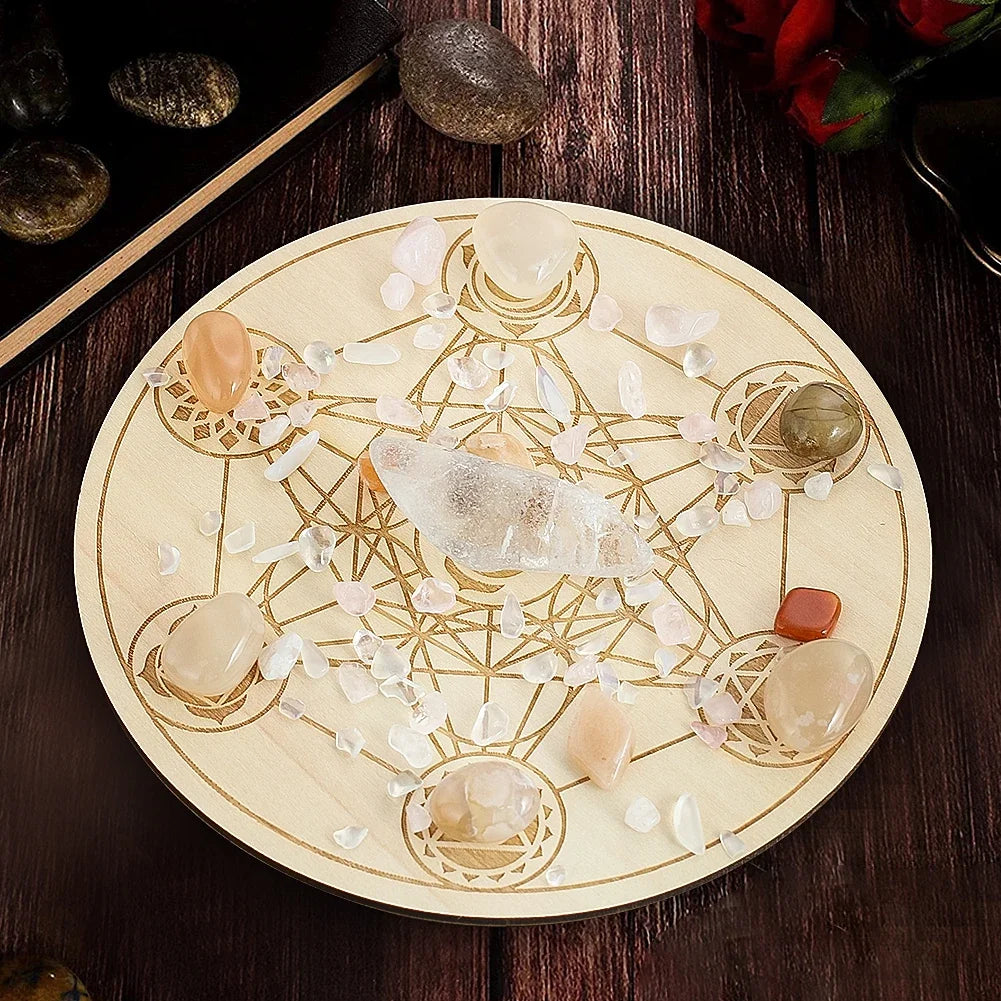 Crystal grid with stones on a wooden surface