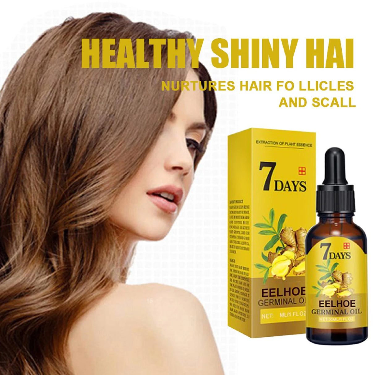 7 Days Eelhoe Germinal Oil packaging with a woman and text about healthy shiny hair.