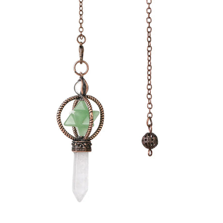 Necklace with crystal pendant and green stone on a white background