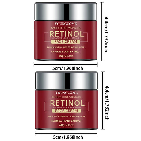 Two containers of Youngcome Retinol Face Cream with dimensions displayed.
