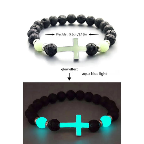Glowing bracelet with black beads and a cross charm on a white background