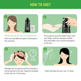 Instructions on how to use shampoo with a bottle and bottle cap, including application steps and time duration.