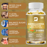 Bottle of Ashwagandha capsules with health benefits listed on a gradient background