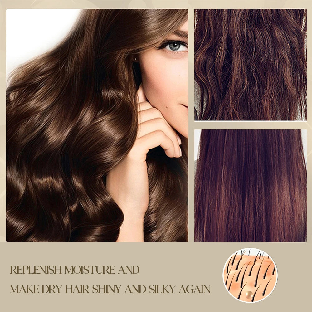 Collage of hair care product application on dry hair with close-up details.
