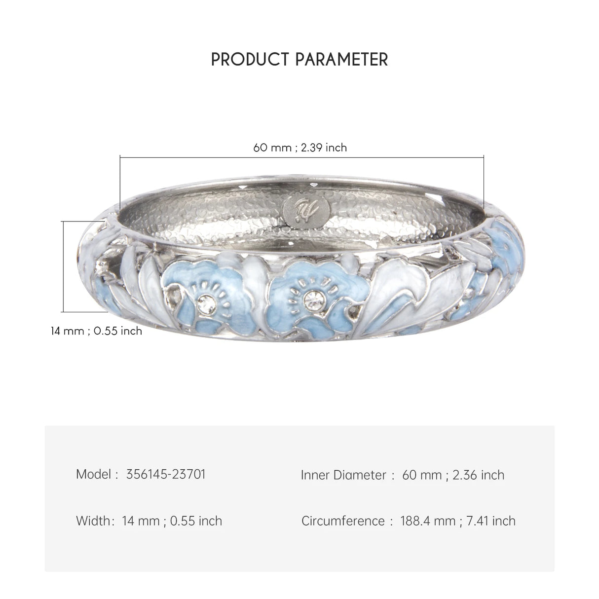 Silver ring with blue floral design and measurements on a white background
