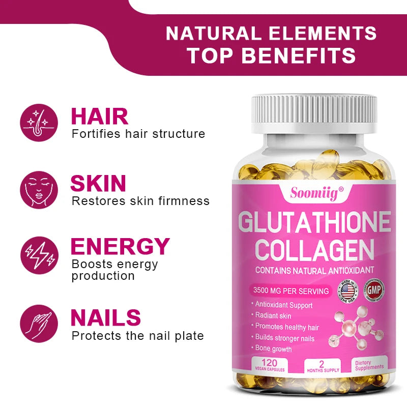 Glutathione collagen supplement bottle with benefits listed on a white background