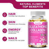 Glutathione collagen supplement bottle with benefits listed on a white background