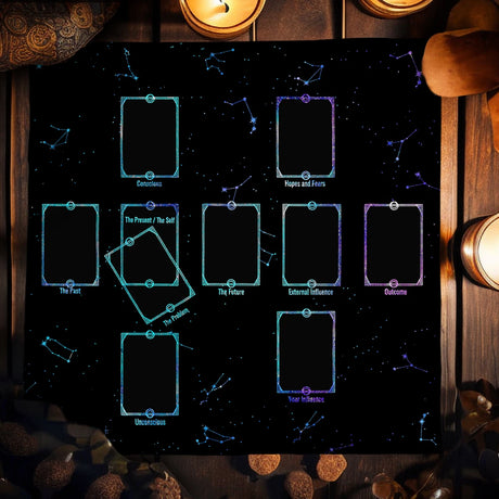 Astrological chart with constellations on a dark background, surrounded by candles and stones.