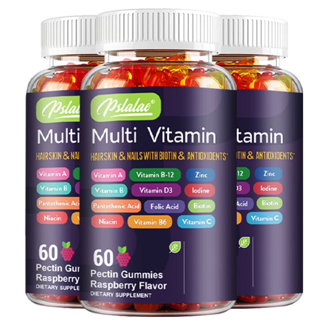 Three bottles of Pslale Multi Vitamin gummies on a white background