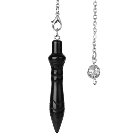 Black dagger-shaped pendant on a silver chain with a white background